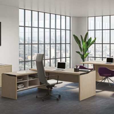 Volta WD office design bureau d'angle pivotant en bois 2 étagères