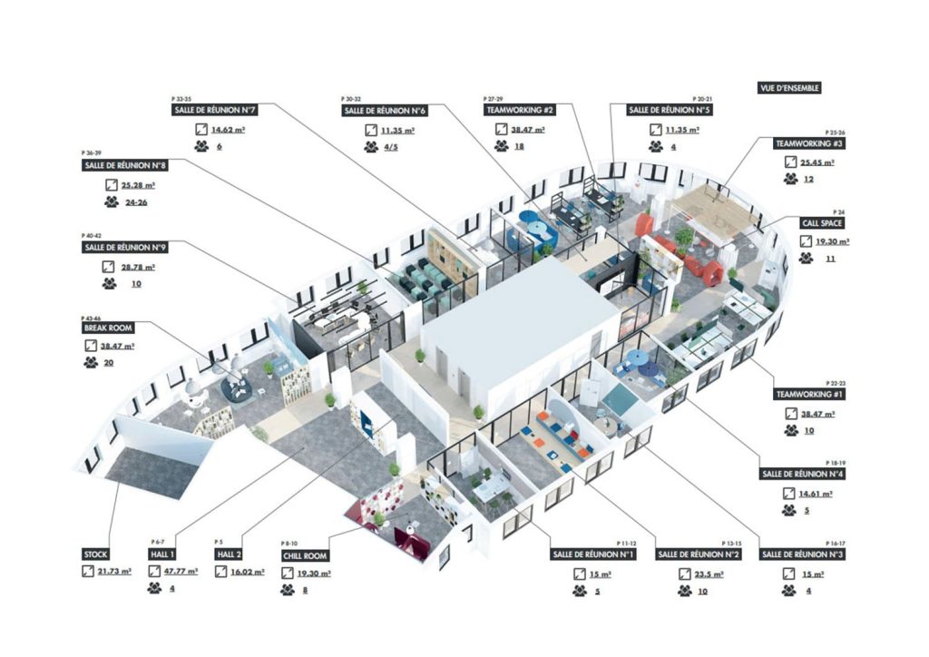 Plan en 3D pour définir les espaces de bureaux professionnels grâce au macro zoning